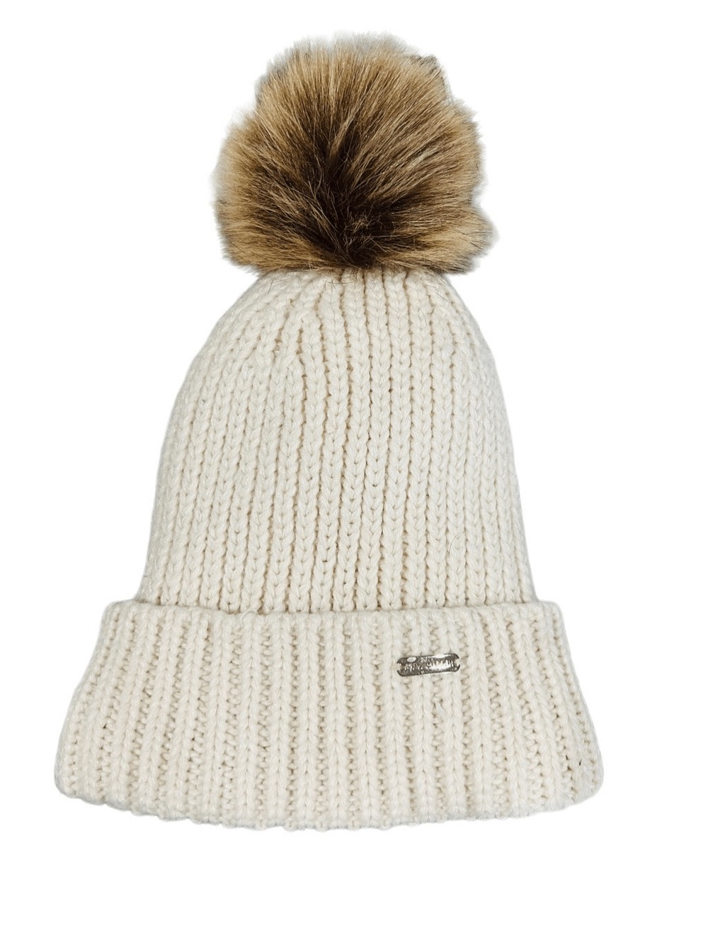 Steve Madden Cream Knit Beanie with Brown Faux Fur Pom